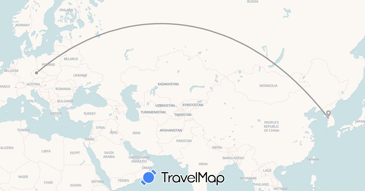 TravelMap itinerary: driving, plane in Czech Republic, South Korea (Asia, Europe)